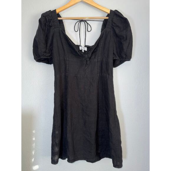 And Other Stories Short Black Linen Mini Bow Knot Dress Sz 6 Eur 38 Smocked Back - Picture 2 of 8